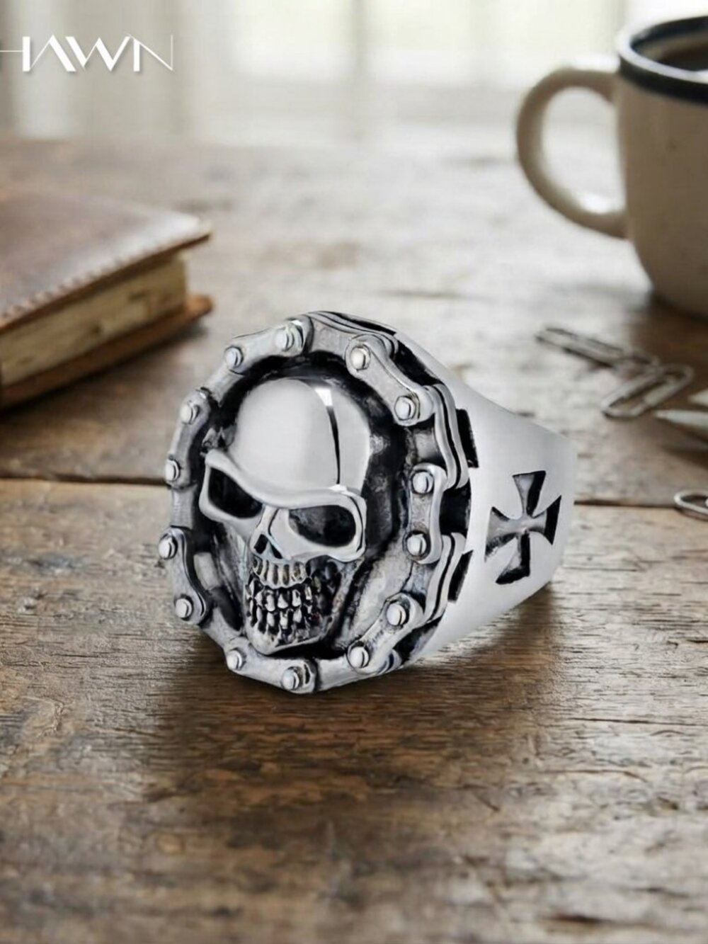 Mens Motorcycle Chain Skull Biker Ring